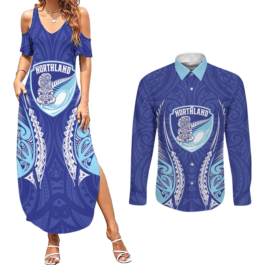 Northland 2026 Rugby Custom Couples Matching Summer Maxi Dress and Long Sleeve Button Shirt NZ Maori Silver Fern LT14 Blue - Polynesian Pride