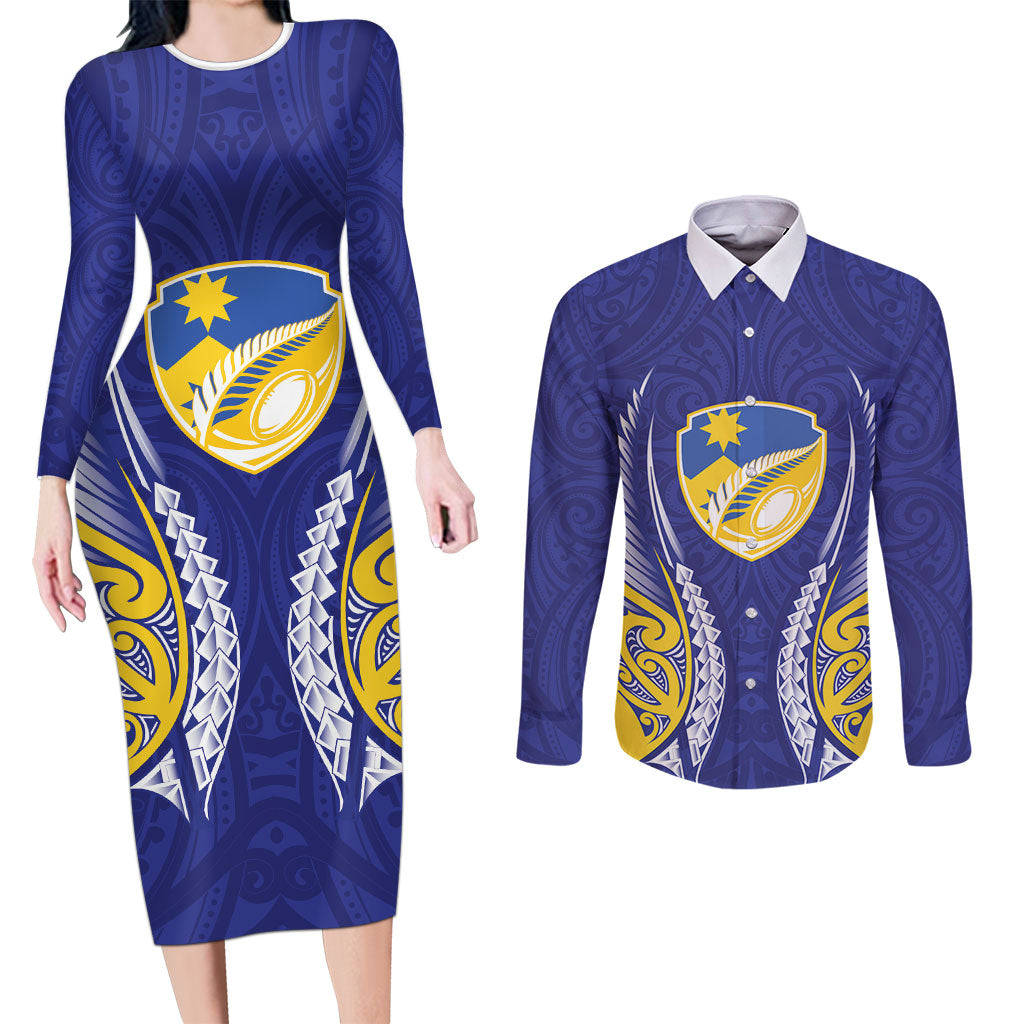 Otago 2026 Rugby Custom Couples Matching Long Sleeve Bodycon Dress and Long Sleeve Button Shirt NZ Maori Silver Fern LT14 Blue - Polynesian Pride