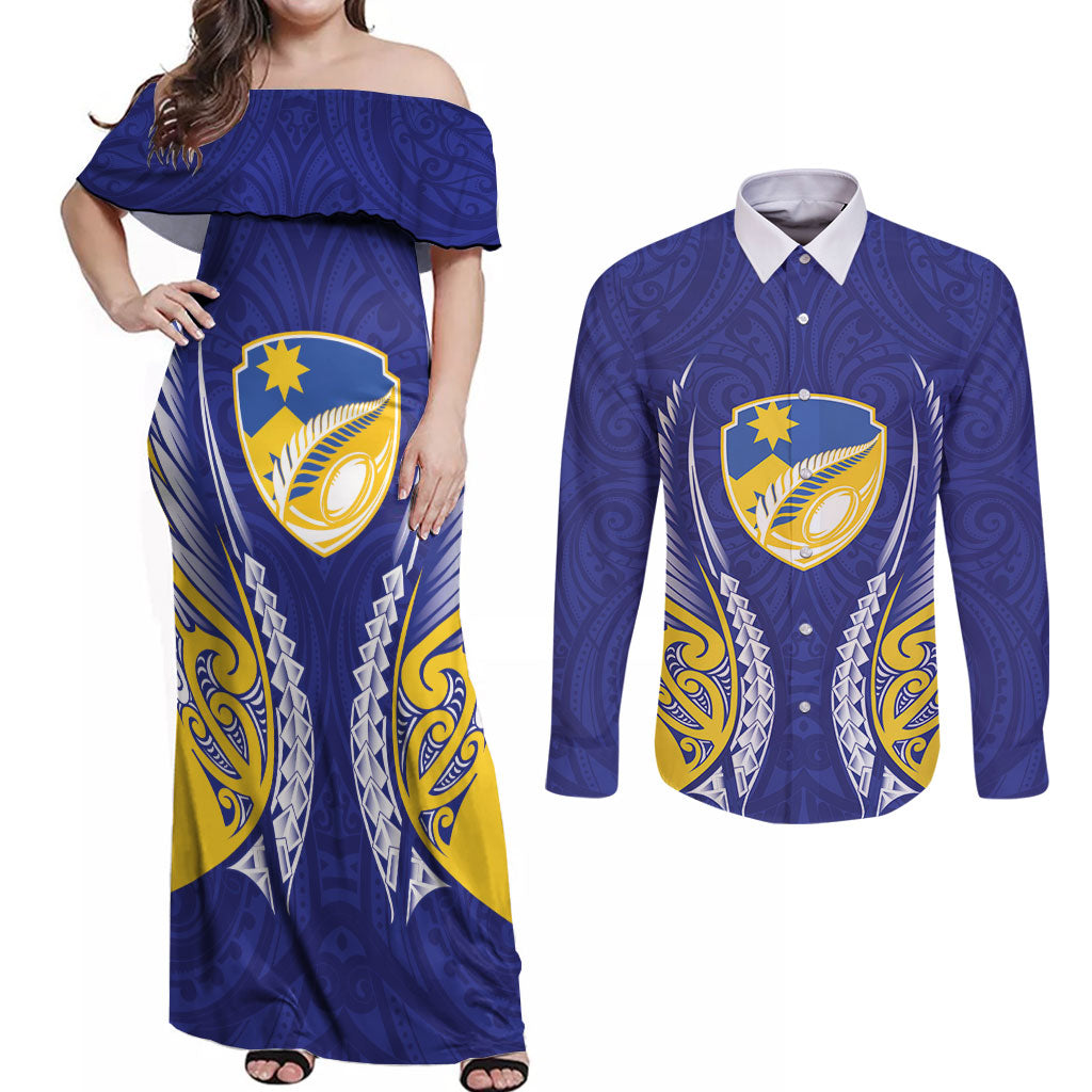 Otago 2026 Rugby Custom Couples Matching Off Shoulder Maxi Dress and Long Sleeve Button Shirt NZ Maori Silver Fern LT14 Blue - Polynesian Pride