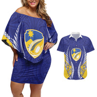 Otago 2026 Rugby Custom Couples Matching Off Shoulder Short Dress and Hawaiian Shirt NZ Maori Silver Fern LT14 Blue - Polynesian Pride