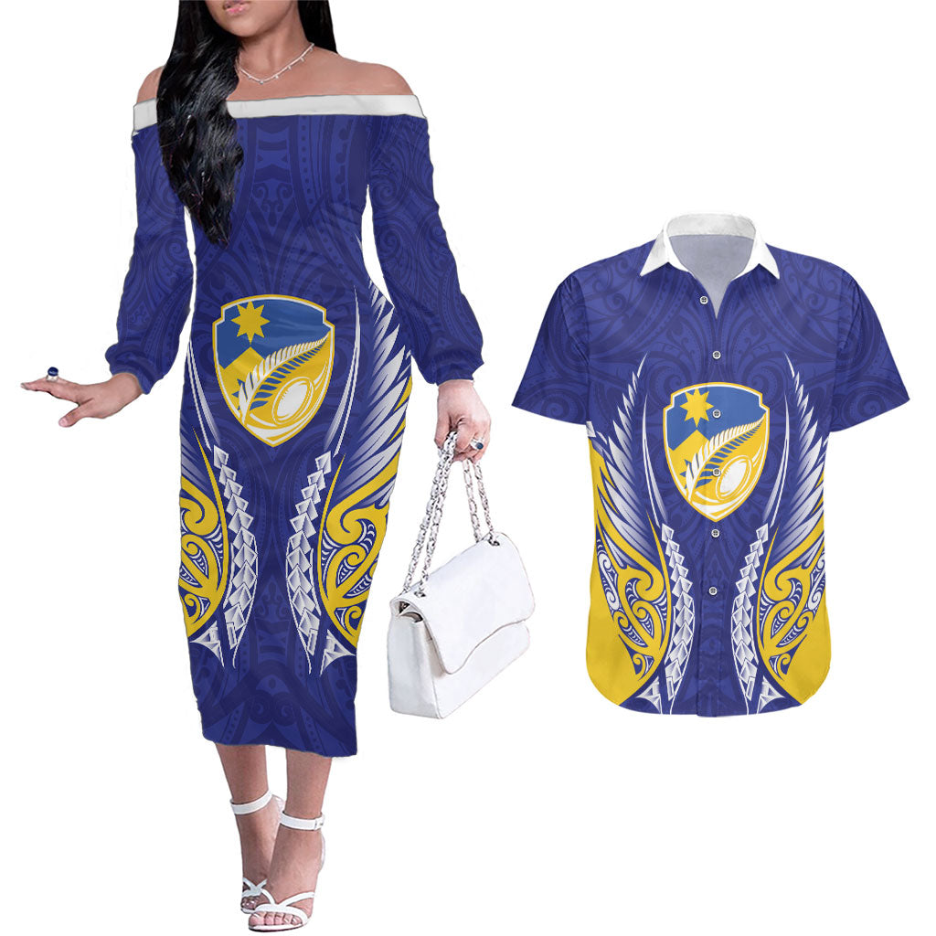 Otago 2026 Rugby Custom Couples Matching Off The Shoulder Long Sleeve Dress and Hawaiian Shirt NZ Maori Silver Fern LT14 Blue - Polynesian Pride
