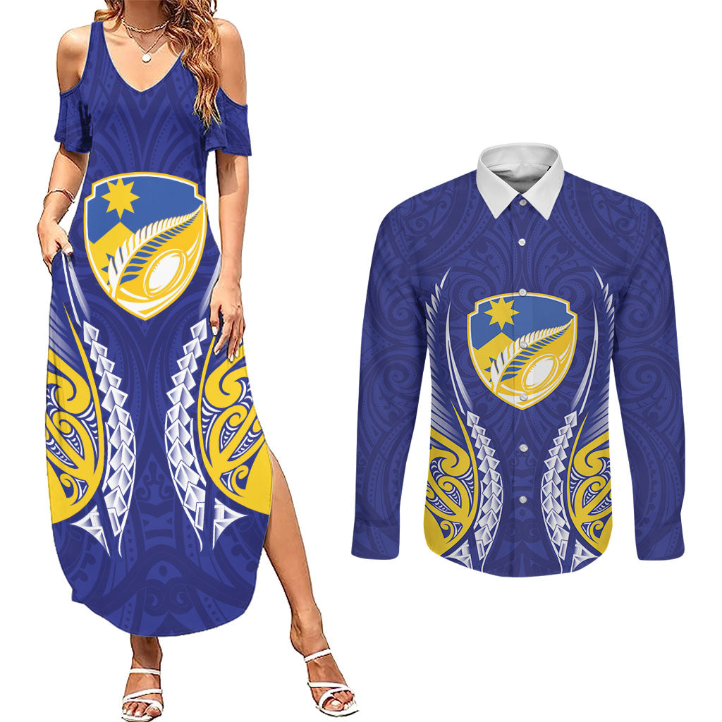 Otago 2026 Rugby Custom Couples Matching Summer Maxi Dress and Long Sleeve Button Shirt NZ Maori Silver Fern LT14 Blue - Polynesian Pride