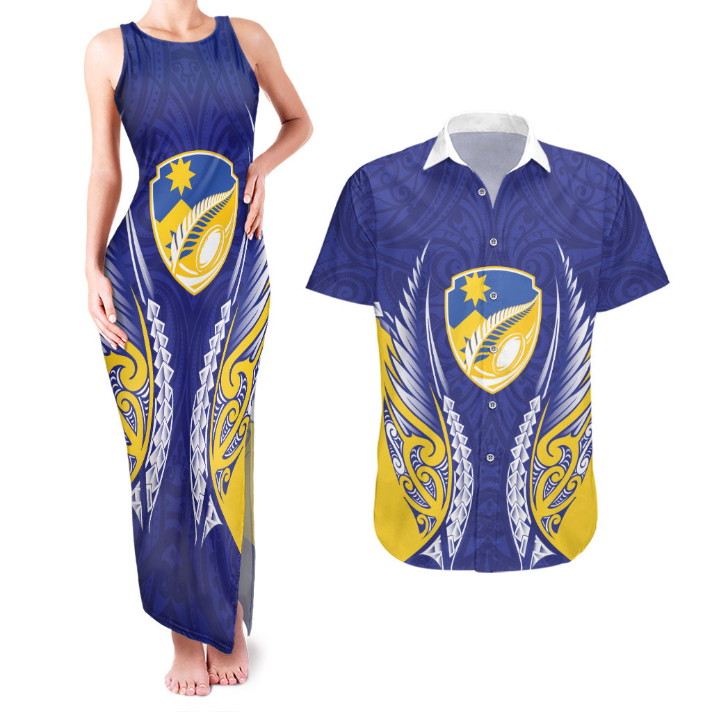 Otago 2026 Rugby Custom Couples Matching Tank Maxi Dress and Hawaiian Shirt NZ Maori Silver Fern LT14 Blue - Polynesian Pride