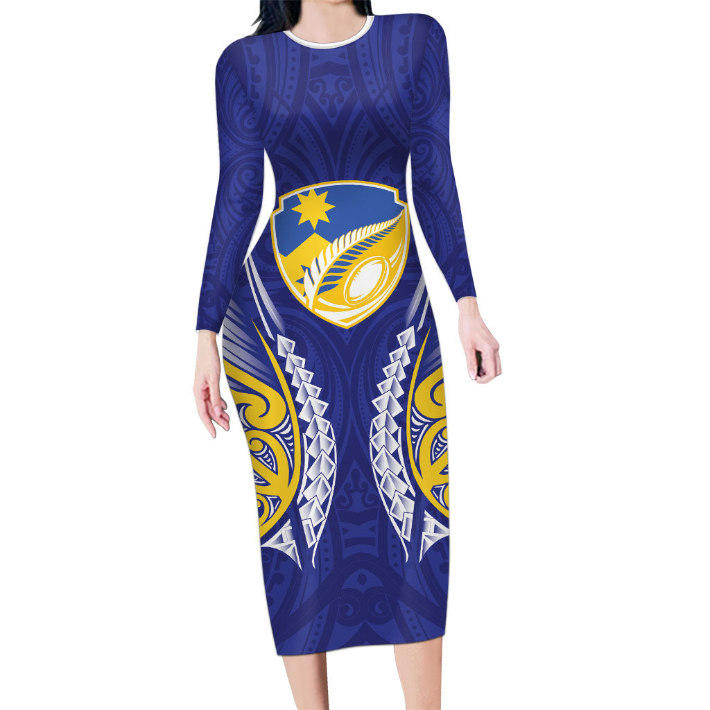 Otago 2026 Rugby Custom Family Matching Long Sleeve Bodycon Dress and Hawaiian Shirt NZ Maori Silver Fern LT14 Mom's Dress Blue - Polynesian Pride