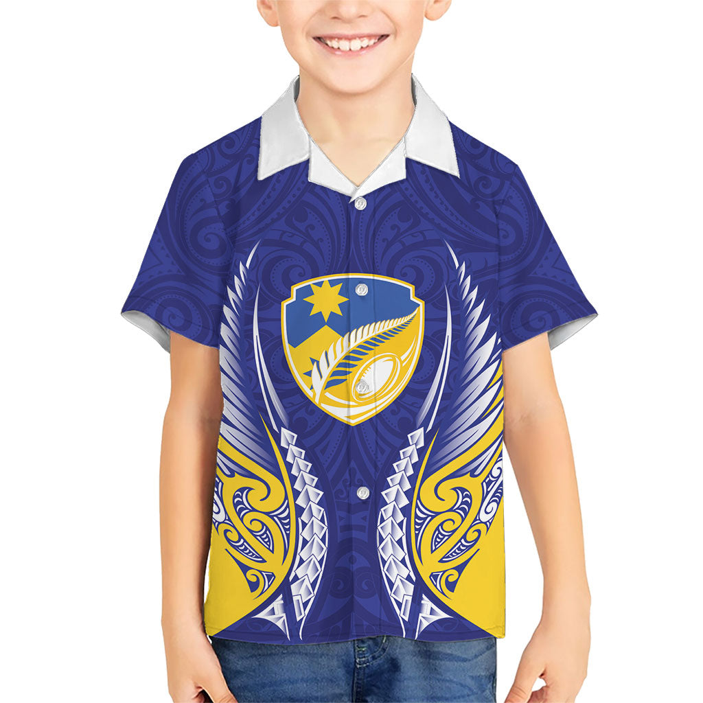 Otago 2026 Rugby Custom Family Matching Off Shoulder Short Dress and Hawaiian Shirt NZ Maori Silver Fern LT14 Son's Shirt Blue - Polynesian Pride