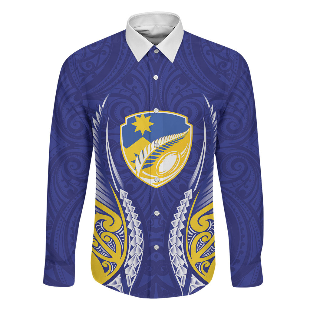 Otago 2026 Rugby Custom Family Matching Tank Maxi Dress and Hawaiian Shirt NZ Maori Silver Fern LT14 Dad's Shirt - Long Sleeve Blue - Polynesian Pride