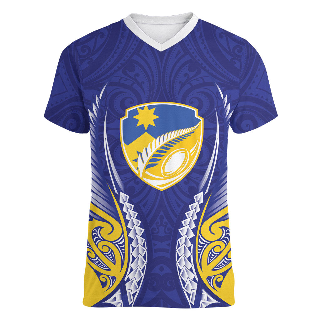 Otago 2026 Rugby Custom Women V-Neck T-Shirt NZ Maori Silver Fern LT14 Female Blue - Polynesian Pride