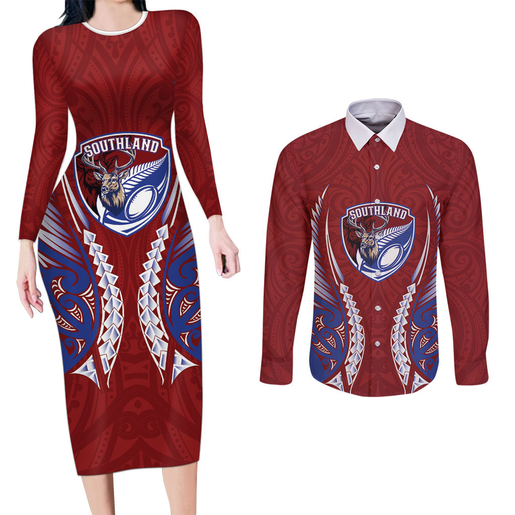 Southland 2026 Rugby Custom Couples Matching Long Sleeve Bodycon Dress and Long Sleeve Button Shirt NZ Maori Silver Fern LT14 Maroon - Polynesian Pride