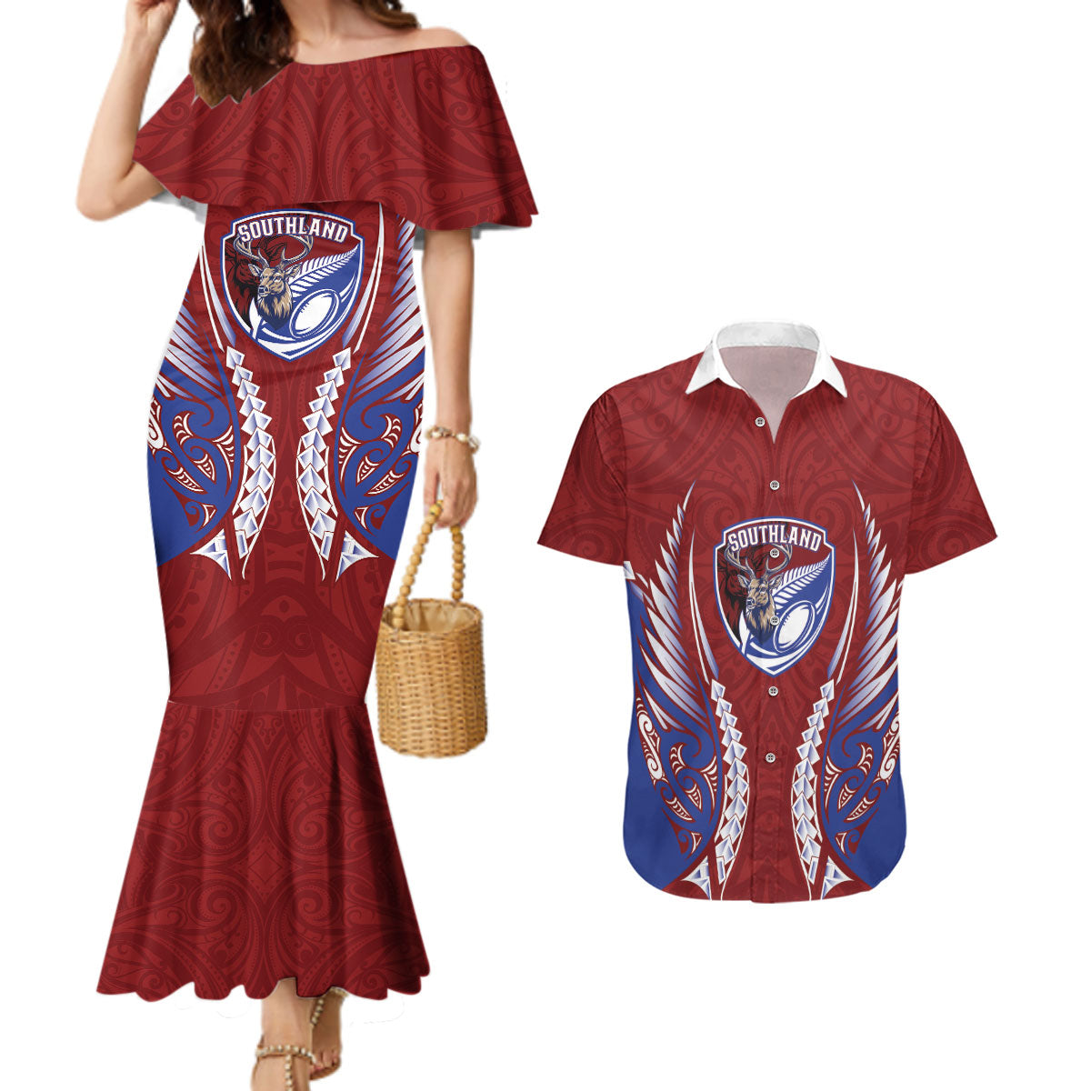 Southland 2026 Rugby Custom Couples Matching Mermaid Dress and Hawaiian Shirt NZ Maori Silver Fern LT14 Maroon - Polynesian Pride
