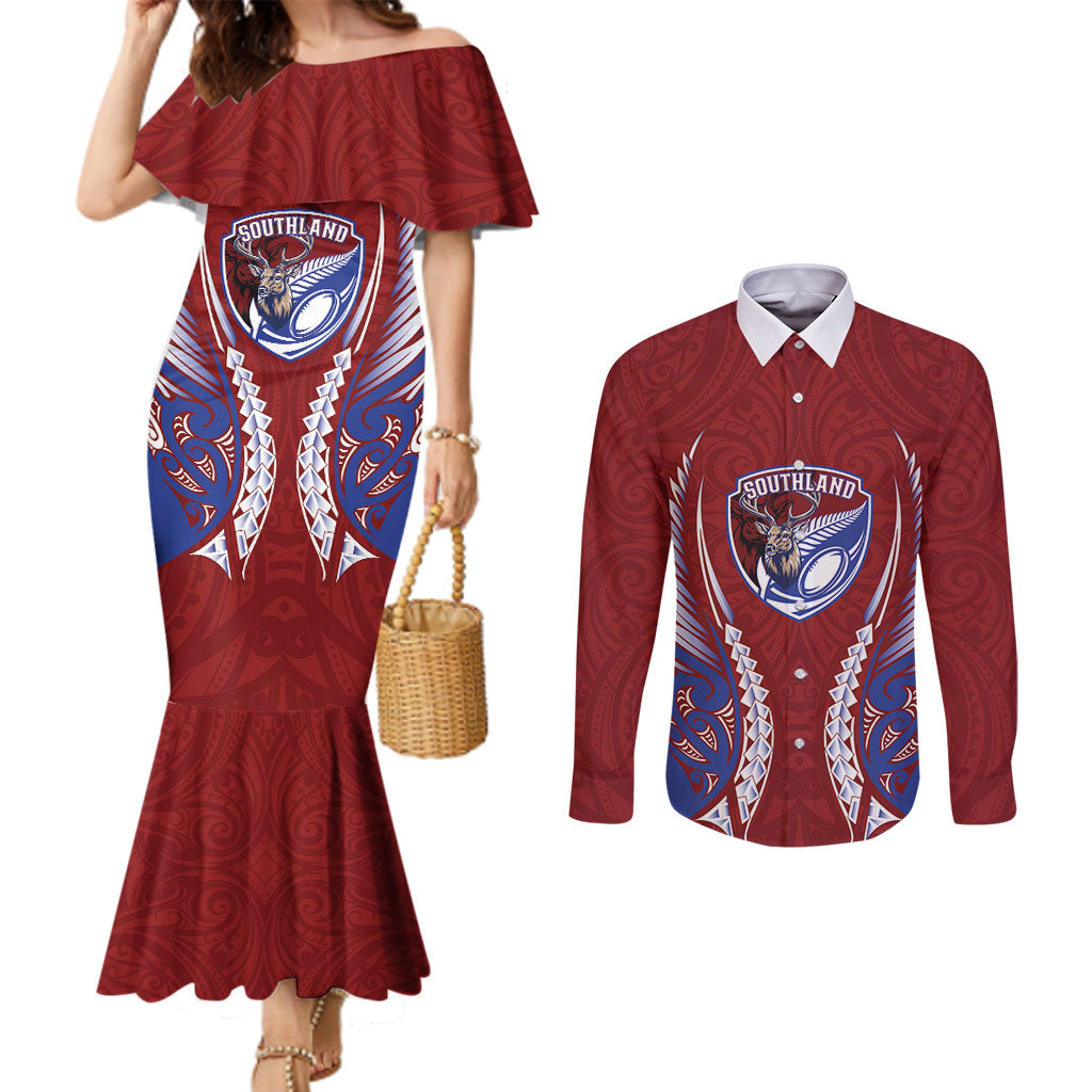 Southland 2026 Rugby Custom Couples Matching Mermaid Dress and Long Sleeve Button Shirt NZ Maori Silver Fern LT14 Maroon - Polynesian Pride