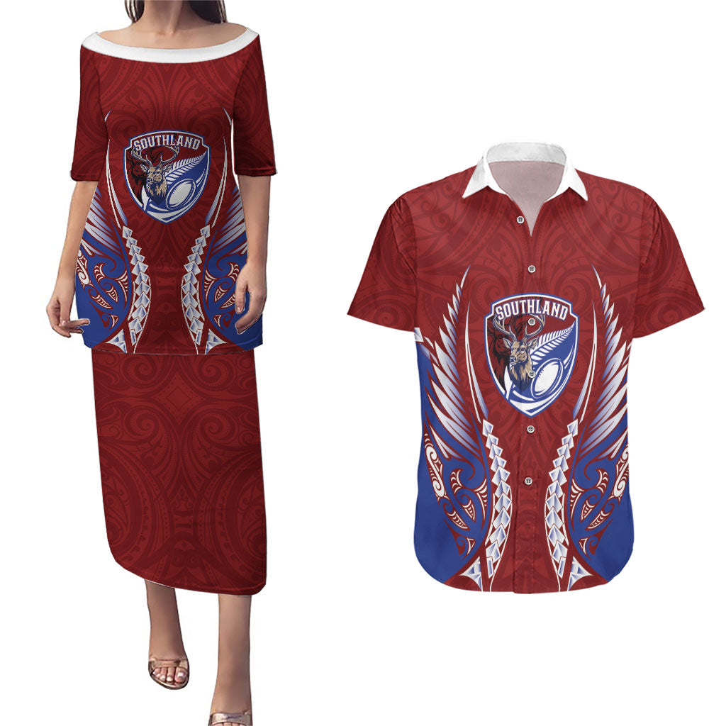 Southland 2026 Rugby Custom Couples Matching Puletasi and Hawaiian Shirt NZ Maori Silver Fern LT14 Maroon - Polynesian Pride