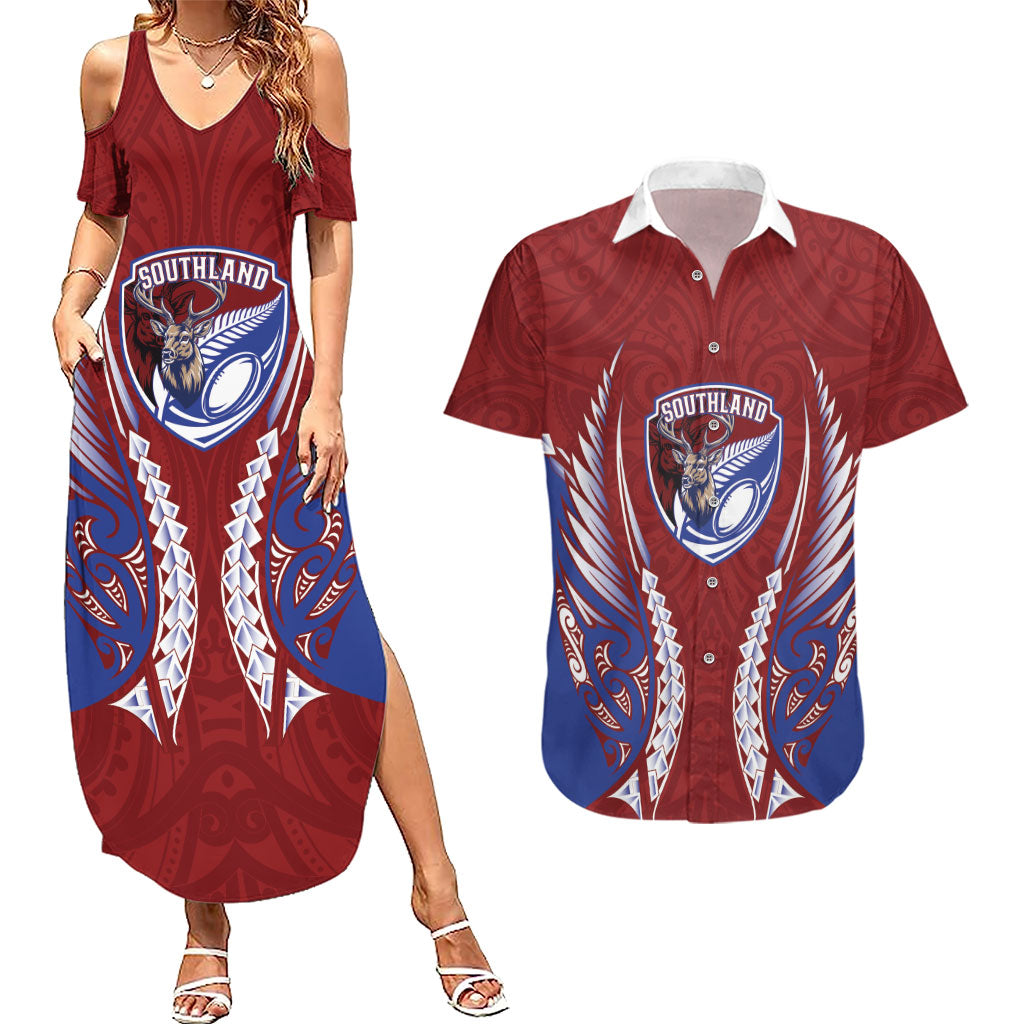 Southland 2026 Rugby Custom Couples Matching Summer Maxi Dress and Hawaiian Shirt NZ Maori Silver Fern LT14 Maroon - Polynesian Pride