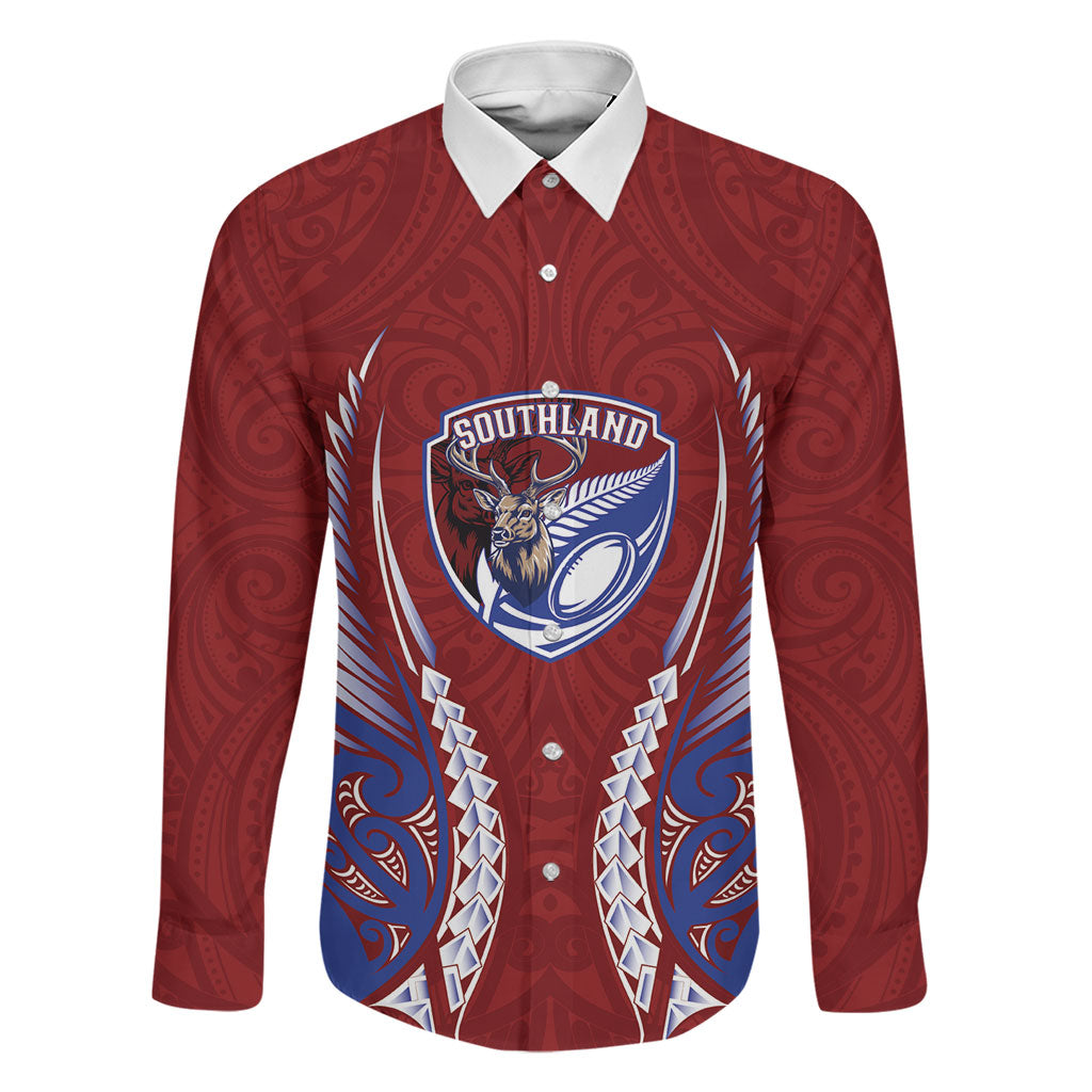 Southland 2026 Rugby Custom Family Matching Off The Shoulder Long Sleeve Dress and Hawaiian Shirt NZ Maori Silver Fern LT14 Dad's Shirt - Long Sleeve Maroon - Polynesian Pride