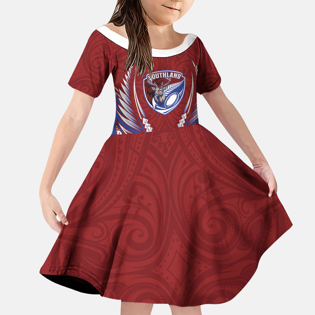 Southland 2026 Rugby Custom Family Matching Off Shoulder Maxi Dress and Hawaiian Shirt NZ Maori Silver Fern LT14 Daughter's Dress Maroon - Polynesian Pride