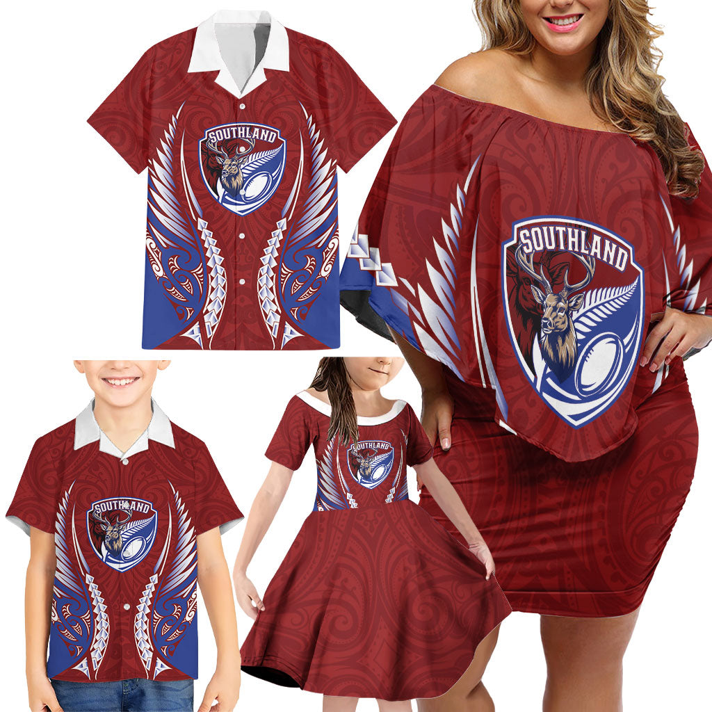 Southland 2026 Rugby Custom Family Matching Off Shoulder Short Dress and Hawaiian Shirt NZ Maori Silver Fern LT14 - Polynesian Pride