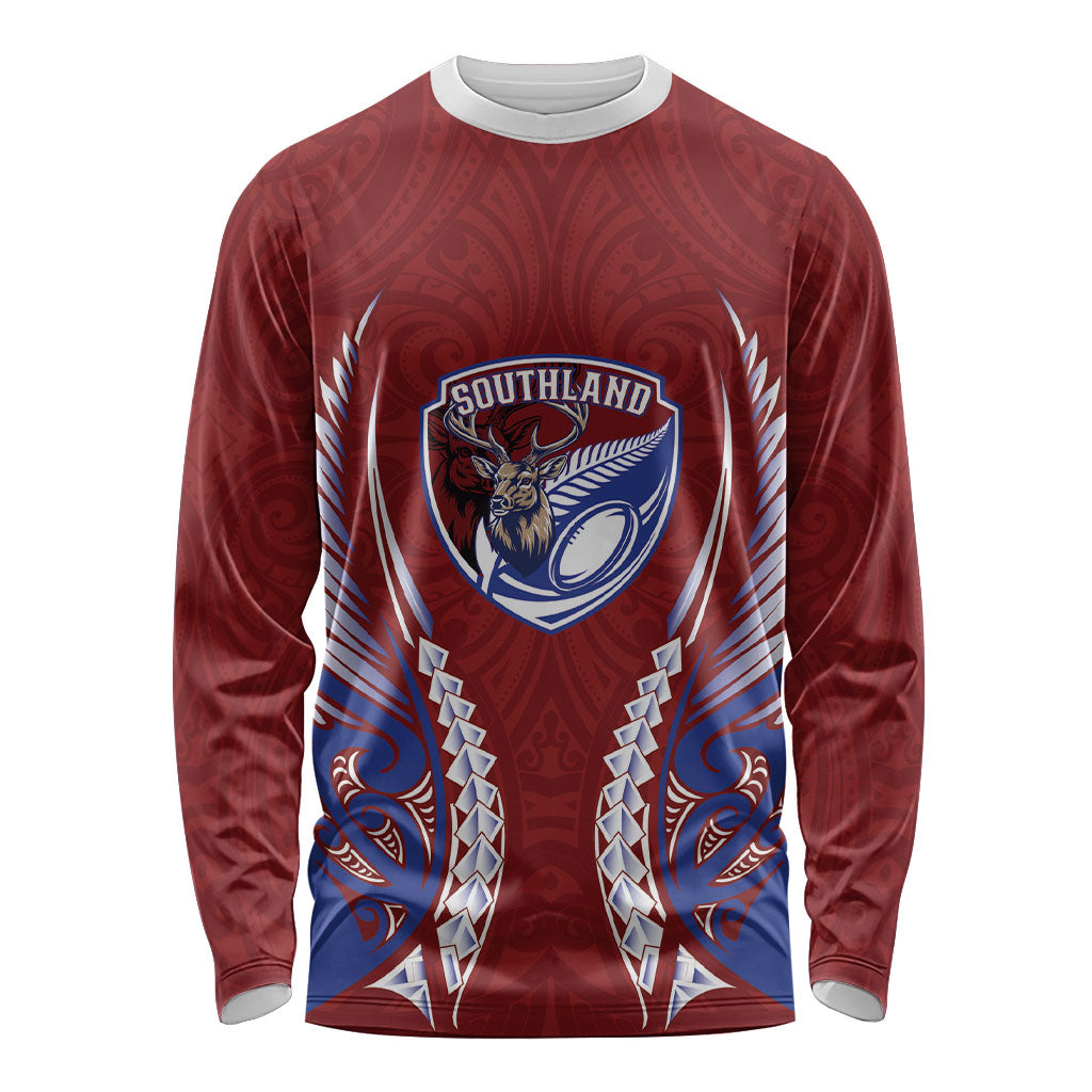 Southland 2026 Rugby Custom Long Sleeve Shirt NZ Maori Silver Fern LT14 Unisex Maroon - Polynesian Pride