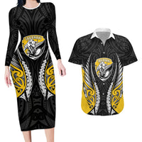 Taranaki 2026 Rugby Custom Couples Matching Long Sleeve Bodycon Dress and Hawaiian Shirt NZ Maori Silver Fern LT14 Black - Polynesian Pride