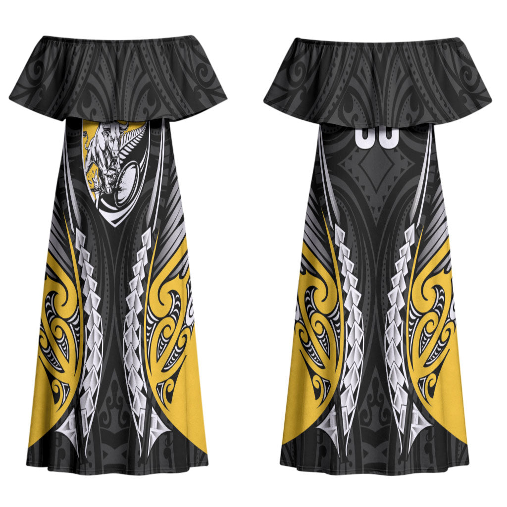 Taranaki 2026 Rugby Custom Couples Matching Off Shoulder Maxi Dress and Hawaiian Shirt NZ Maori Silver Fern LT14 - Polynesian Pride
