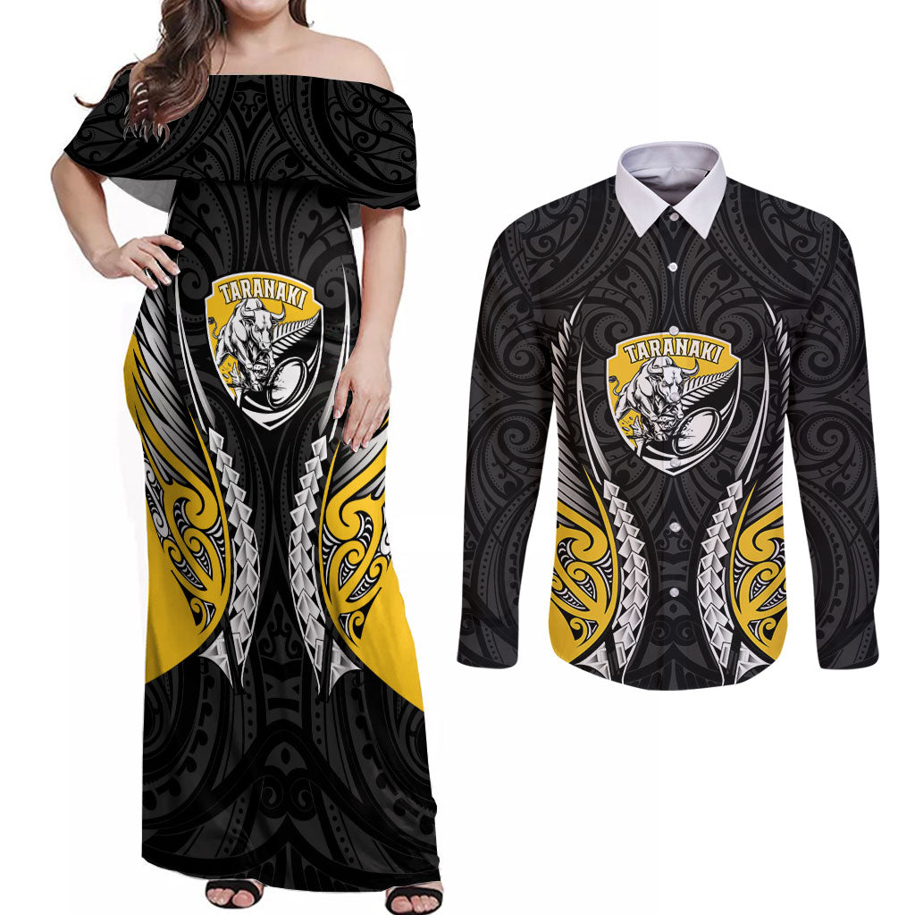 Taranaki 2026 Rugby Custom Couples Matching Off Shoulder Maxi Dress and Long Sleeve Button Shirt NZ Maori Silver Fern LT14 Black - Polynesian Pride