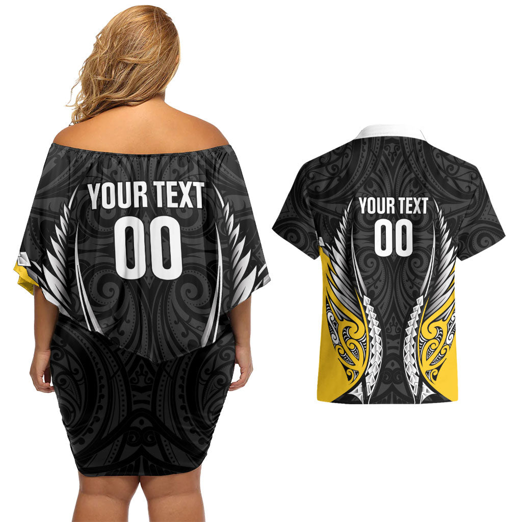 Taranaki 2026 Rugby Custom Couples Matching Off Shoulder Short Dress and Hawaiian Shirt NZ Maori Silver Fern LT14 - Polynesian Pride