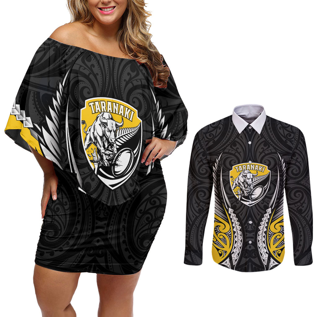 Taranaki 2026 Rugby Custom Couples Matching Off Shoulder Short Dress and Long Sleeve Button Shirt NZ Maori Silver Fern LT14 Black - Polynesian Pride