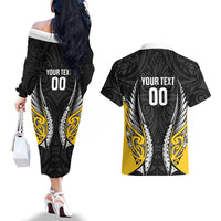 Taranaki 2026 Rugby Custom Couples Matching Off The Shoulder Long Sleeve Dress and Hawaiian Shirt NZ Maori Silver Fern LT14 - Polynesian Pride