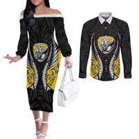 Taranaki 2026 Rugby Custom Couples Matching Off The Shoulder Long Sleeve Dress and Long Sleeve Button Shirt NZ Maori Silver Fern LT14 Black - Polynesian Pride