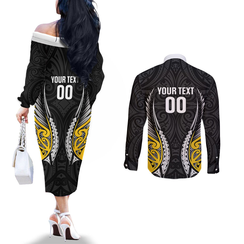 Taranaki 2026 Rugby Custom Couples Matching Off The Shoulder Long Sleeve Dress and Long Sleeve Button Shirt NZ Maori Silver Fern LT14 - Polynesian Pride