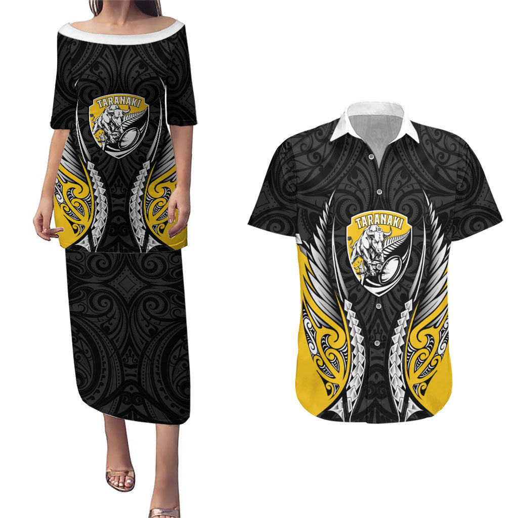 Taranaki 2026 Rugby Custom Couples Matching Puletasi and Hawaiian Shirt NZ Maori Silver Fern LT14 Black - Polynesian Pride