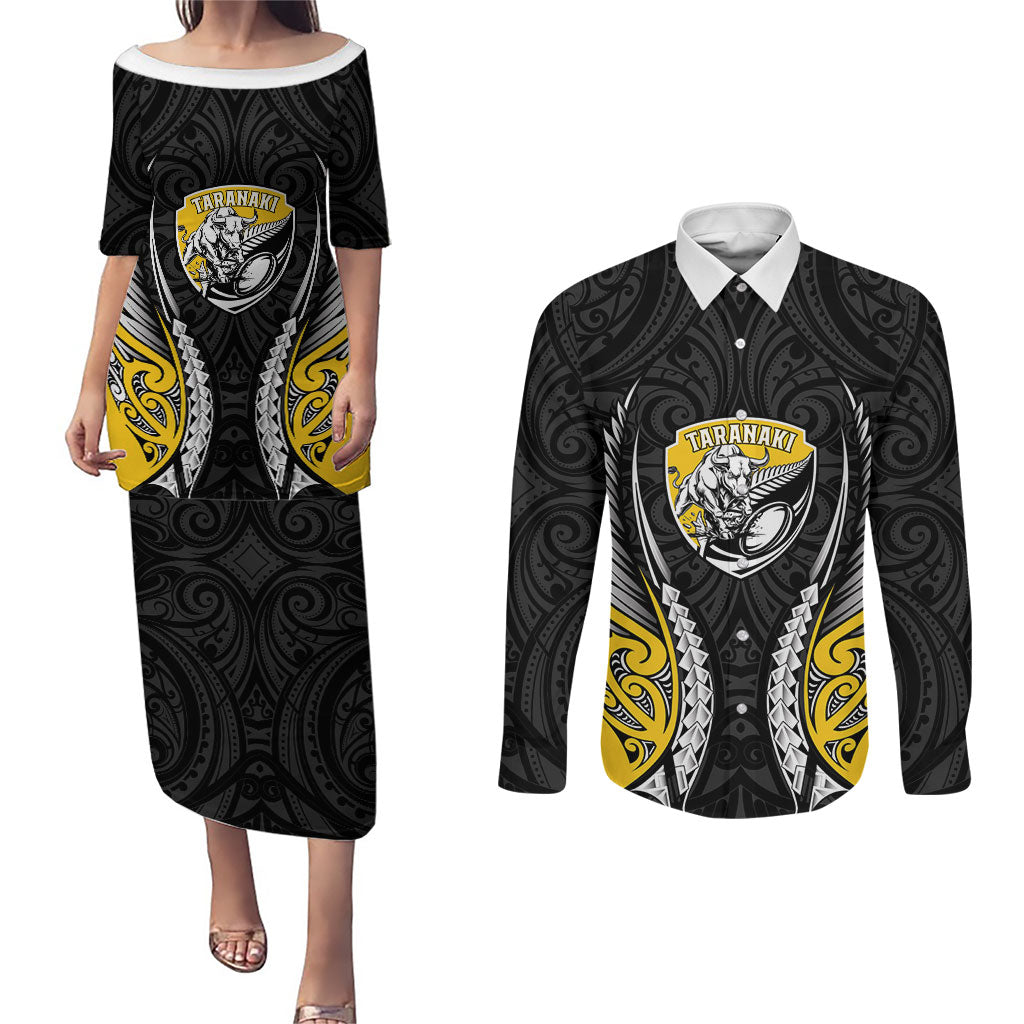 Taranaki 2026 Rugby Custom Couples Matching Puletasi and Long Sleeve Button Shirt NZ Maori Silver Fern LT14 Black - Polynesian Pride