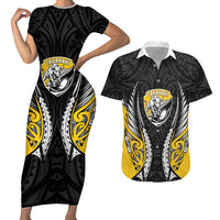 Taranaki 2026 Rugby Custom Couples Matching Short Sleeve Bodycon Dress and Hawaiian Shirt NZ Maori Silver Fern LT14 Black - Polynesian Pride