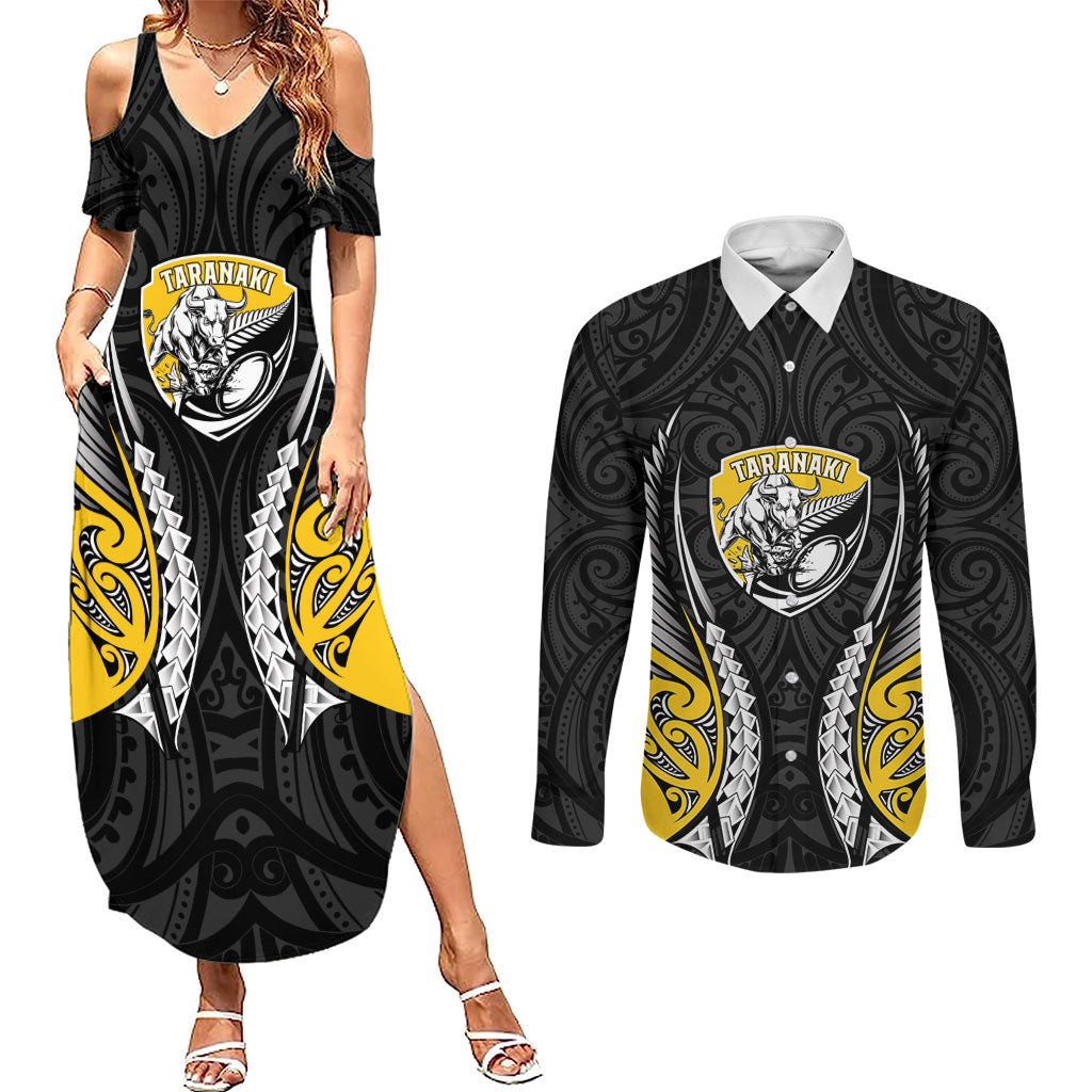 Taranaki 2026 Rugby Custom Couples Matching Summer Maxi Dress and Long Sleeve Button Shirt NZ Maori Silver Fern LT14 Black - Polynesian Pride