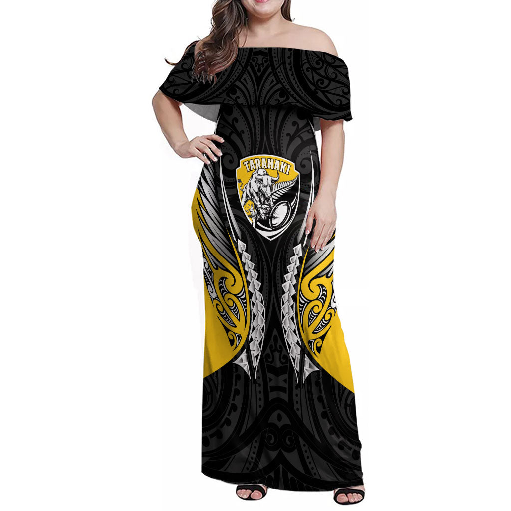 Taranaki 2026 Rugby Custom Family Matching Off Shoulder Maxi Dress and Hawaiian Shirt NZ Maori Silver Fern LT14 Mom's Dress Black - Polynesian Pride