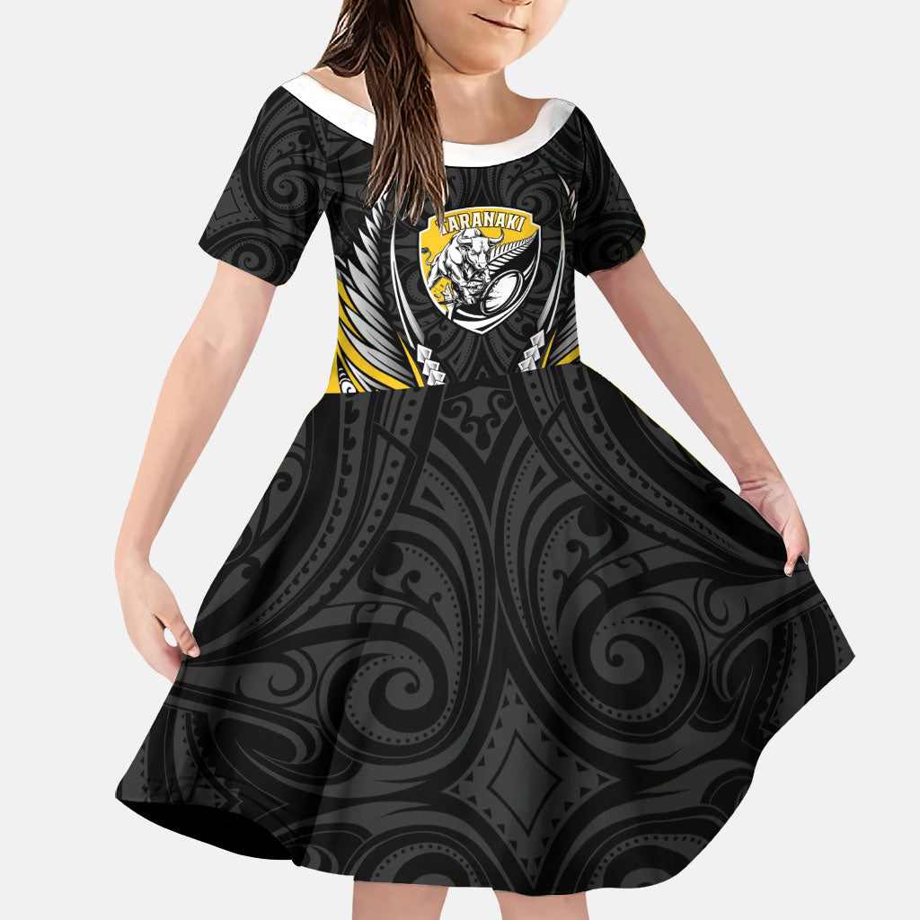 Taranaki 2026 Rugby Custom Family Matching Short Sleeve Bodycon Dress and Hawaiian Shirt NZ Maori Silver Fern LT14 Daughter's Dress Black - Polynesian Pride