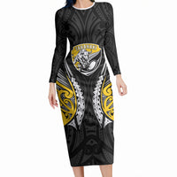 Taranaki 2026 Rugby Custom Long Sleeve Bodycon Dress NZ Maori Silver Fern LT14 Long Dress Black - Polynesian Pride