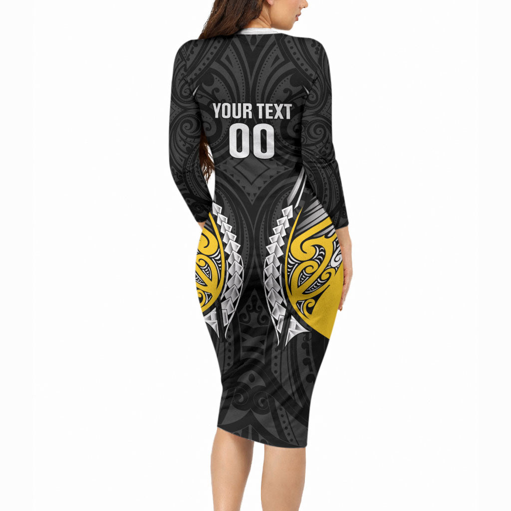 Taranaki 2026 Rugby Custom Long Sleeve Bodycon Dress NZ Maori Silver Fern LT14 - Polynesian Pride