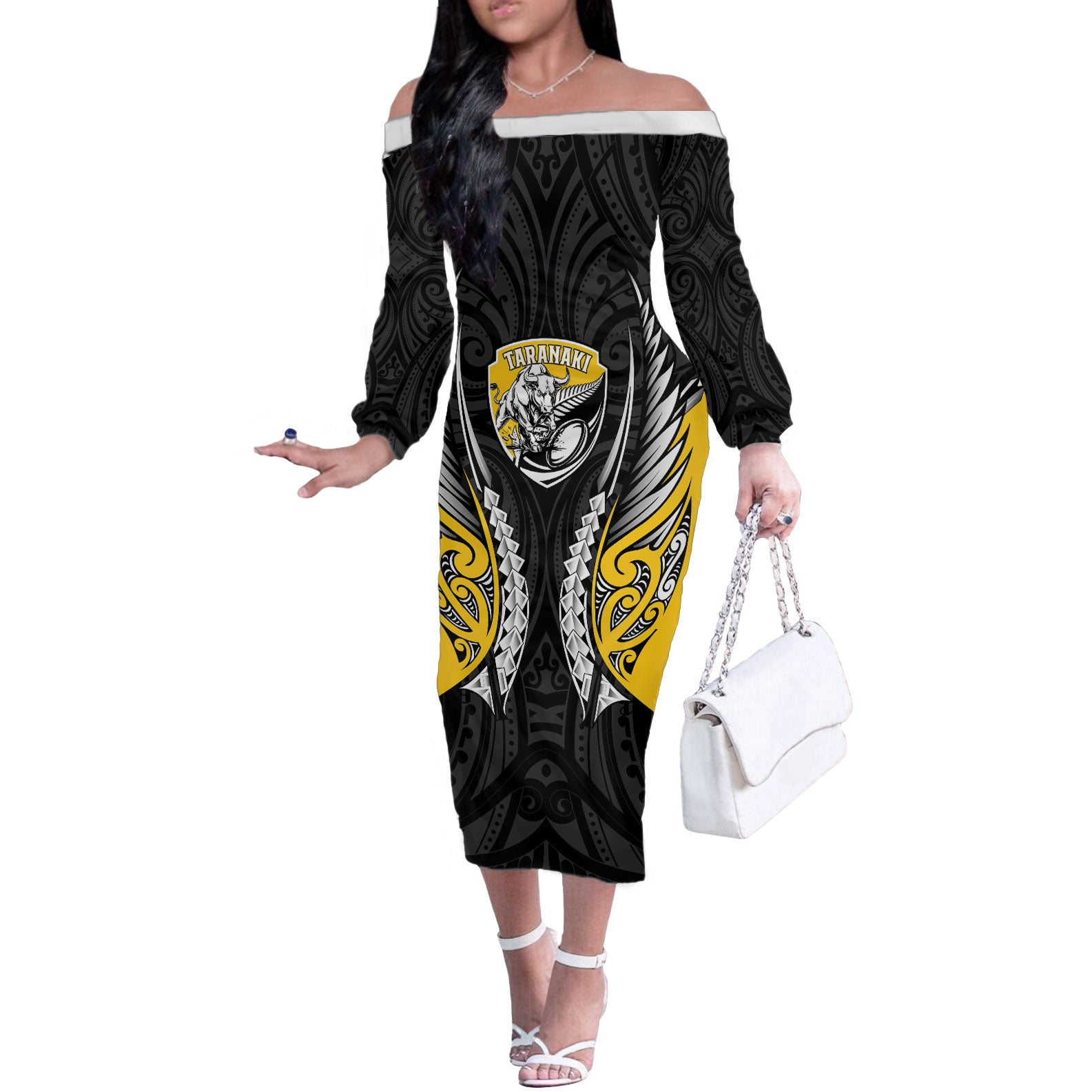 Taranaki 2026 Rugby Custom Off The Shoulder Long Sleeve Dress NZ Maori Silver Fern LT14 Women Black - Polynesian Pride