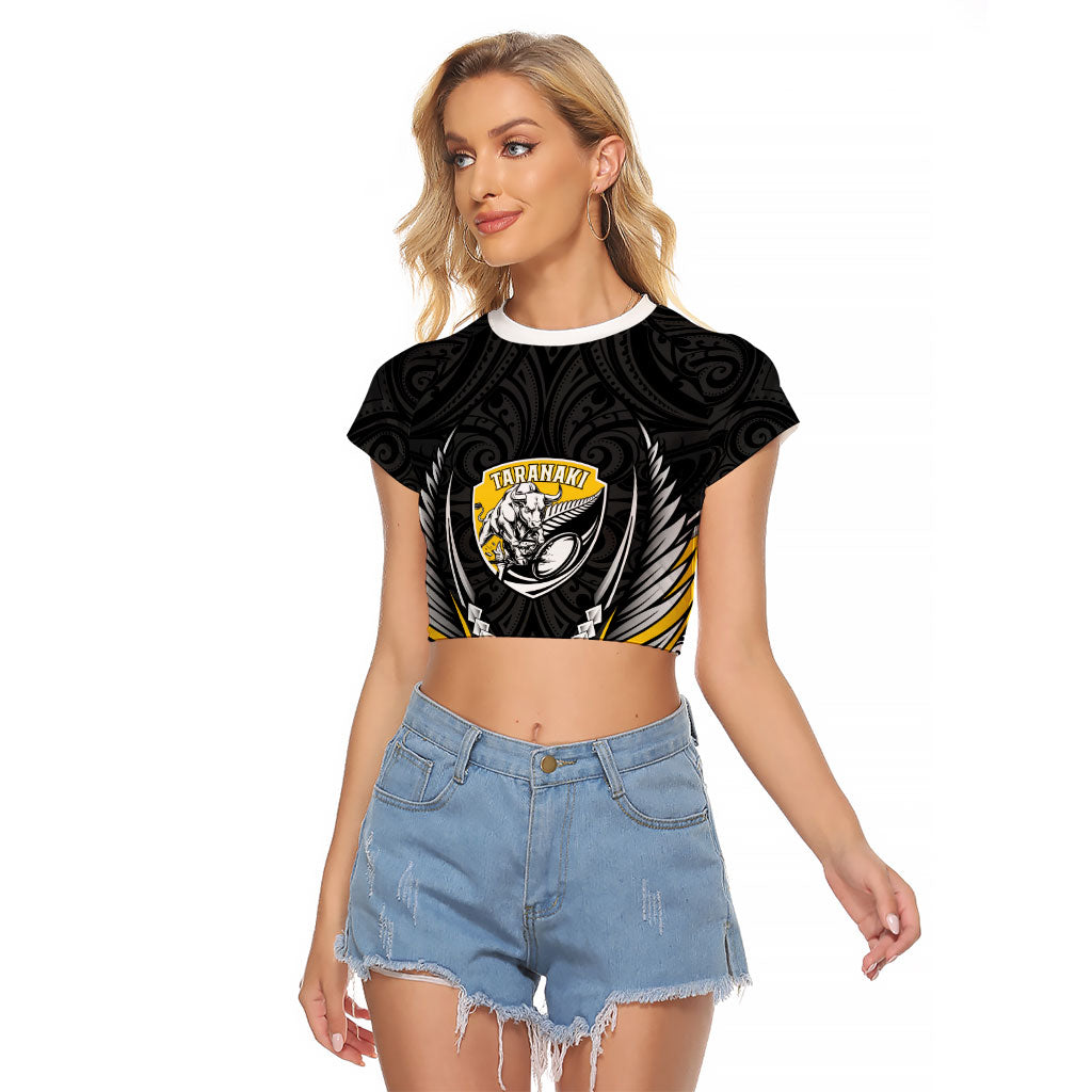 Taranaki 2026 Rugby Custom Raglan Cropped T Shirt NZ Maori Silver Fern LT14 Female Black - Polynesian Pride
