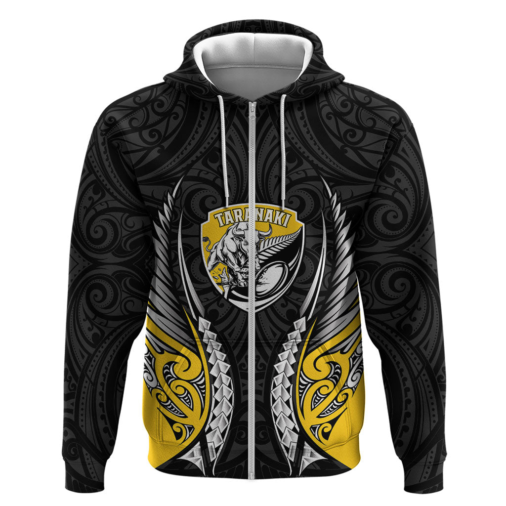 Taranaki 2026 Rugby Custom Zip Hoodie NZ Maori Silver Fern LT14 Zip Hoodie Black - Polynesian Pride