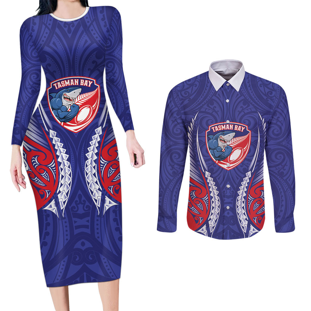Tasman Bay 2026 Rugby Custom Couples Matching Long Sleeve Bodycon Dress and Long Sleeve Button Shirt NZ Maori Silver Fern LT14 Blue - Polynesian Pride