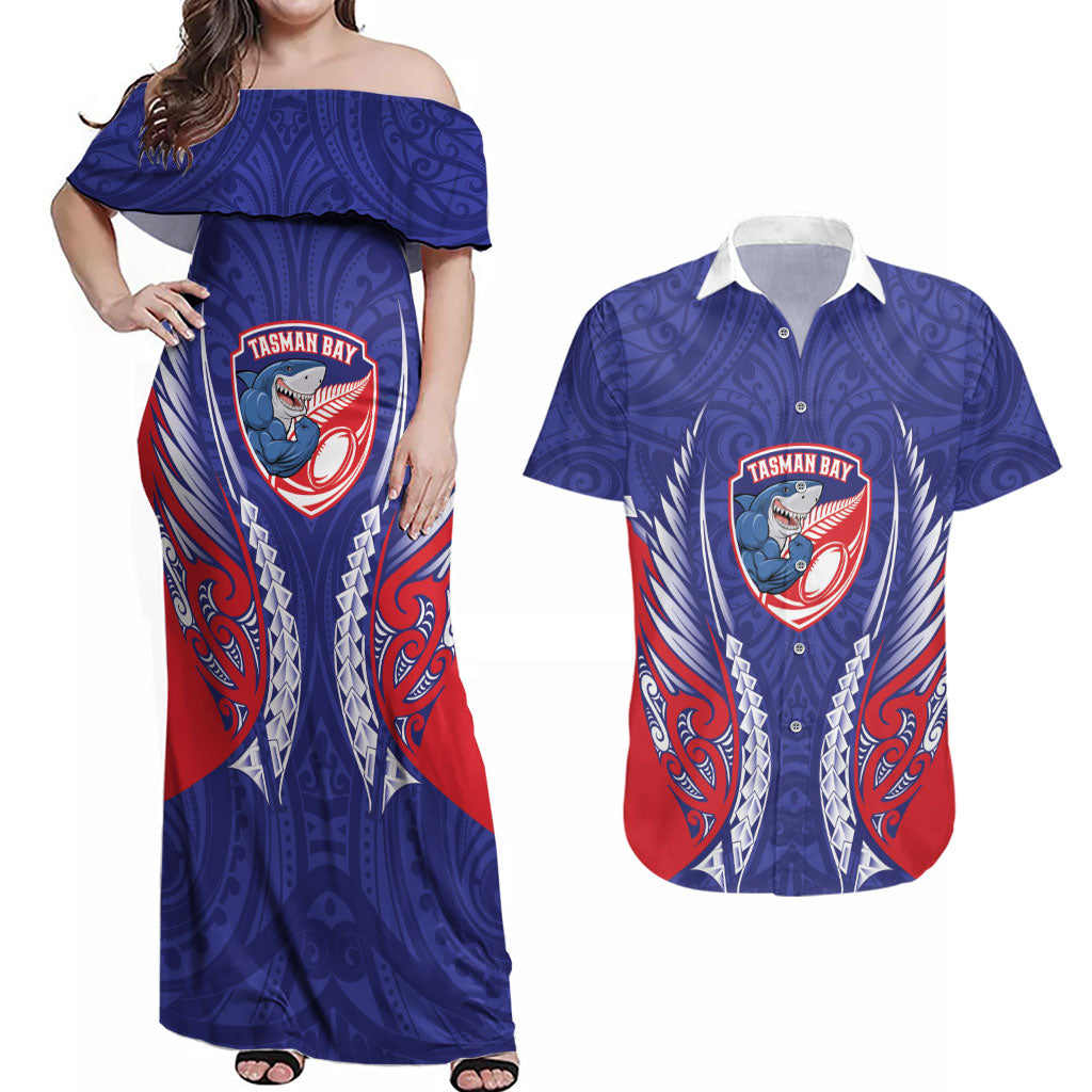 Tasman Bay 2026 Rugby Custom Couples Matching Off Shoulder Maxi Dress and Hawaiian Shirt NZ Maori Silver Fern LT14 Blue - Polynesian Pride