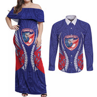 Tasman Bay 2026 Rugby Custom Couples Matching Off Shoulder Maxi Dress and Long Sleeve Button Shirt NZ Maori Silver Fern LT14 Blue - Polynesian Pride