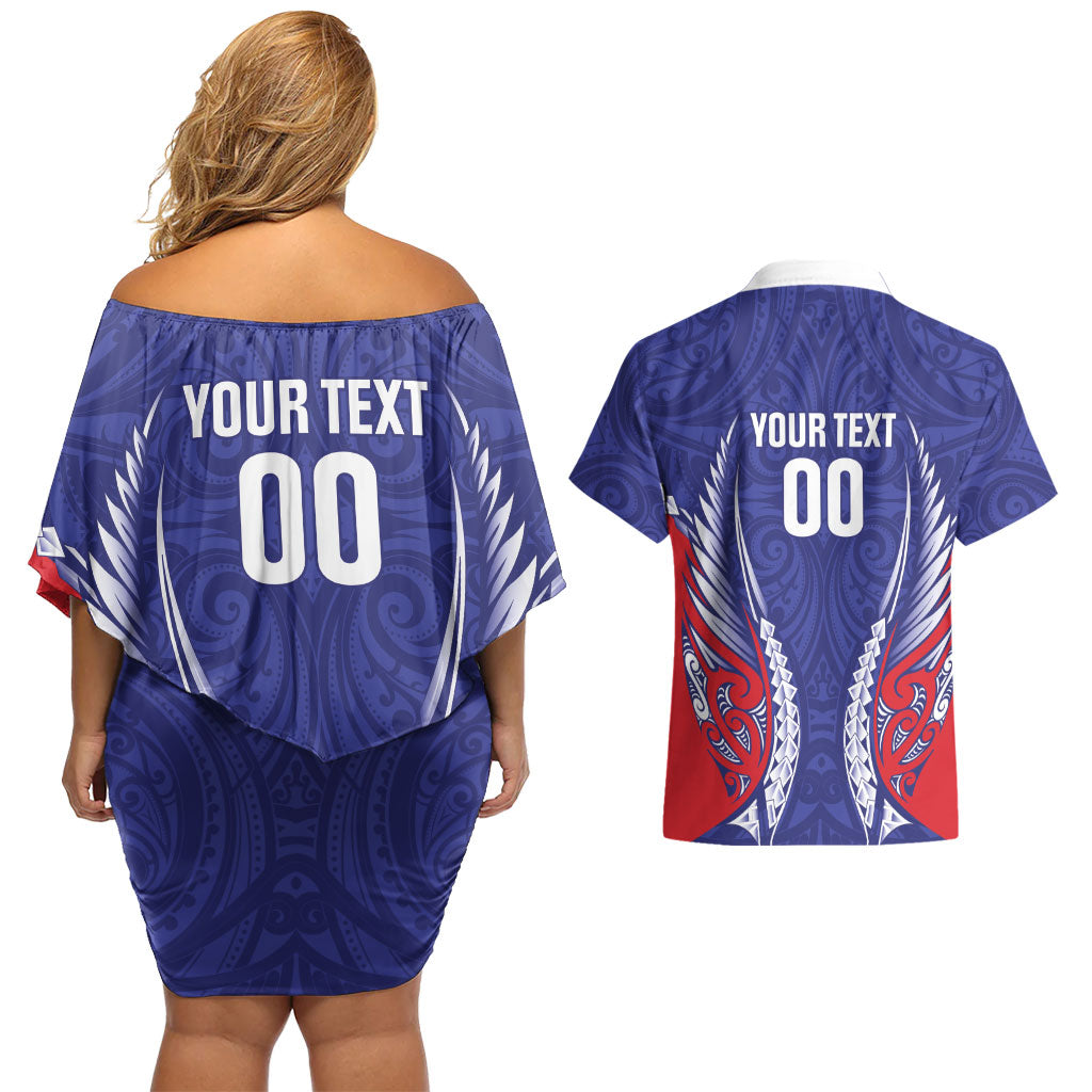 Tasman Bay 2026 Rugby Custom Couples Matching Off Shoulder Short Dress and Hawaiian Shirt NZ Maori Silver Fern LT14 - Polynesian Pride