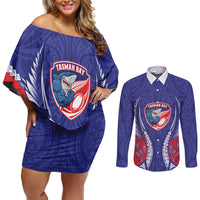 Tasman Bay 2026 Rugby Custom Couples Matching Off Shoulder Short Dress and Long Sleeve Button Shirt NZ Maori Silver Fern LT14 Blue - Polynesian Pride