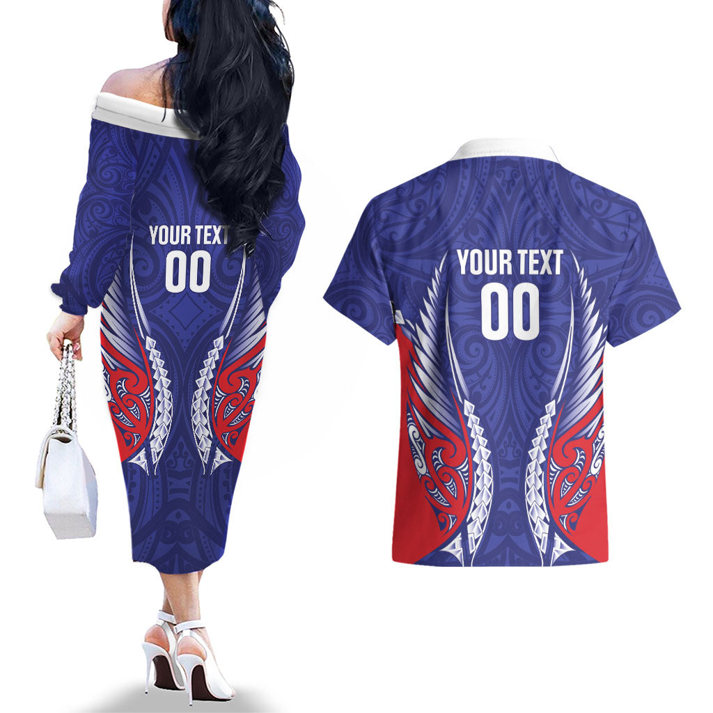 Tasman Bay 2026 Rugby Custom Couples Matching Off The Shoulder Long Sleeve Dress and Hawaiian Shirt NZ Maori Silver Fern LT14 - Polynesian Pride