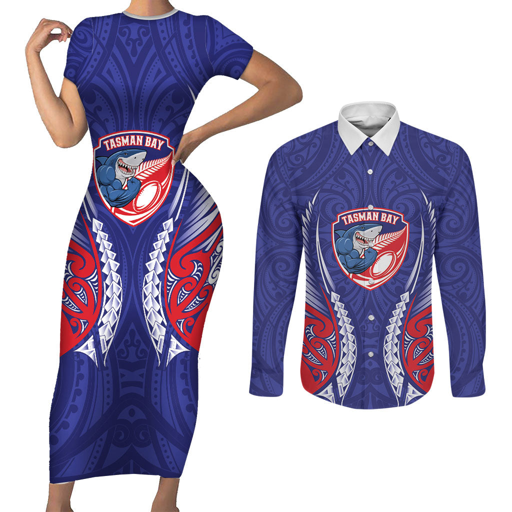 Tasman Bay 2026 Rugby Custom Couples Matching Short Sleeve Bodycon Dress and Long Sleeve Button Shirt NZ Maori Silver Fern LT14 Blue - Polynesian Pride