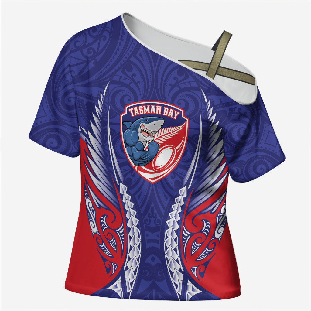 Tasman Bay 2026 Rugby Custom Cross Shoulder Shirt NZ Maori Silver Fern LT14 Female Blue - Polynesian Pride