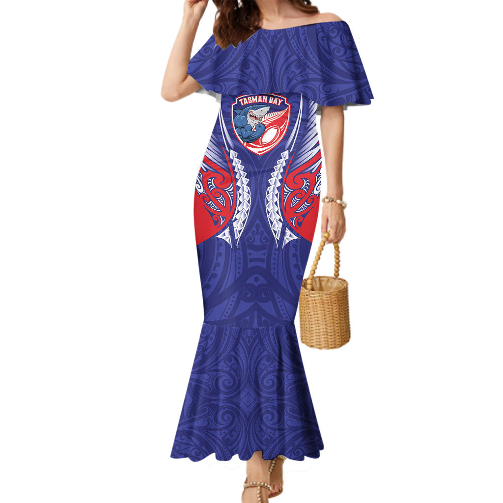 Tasman Bay 2026 Rugby Custom Family Matching Mermaid Dress and Hawaiian Shirt NZ Maori Silver Fern LT14 Mom's Dress Blue - Polynesian Pride