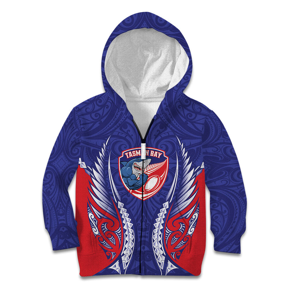 Tasman Bay 2026 Rugby Custom Kid Hoodie NZ Maori Silver Fern LT14 Zip Hoodie Blue - Polynesian Pride