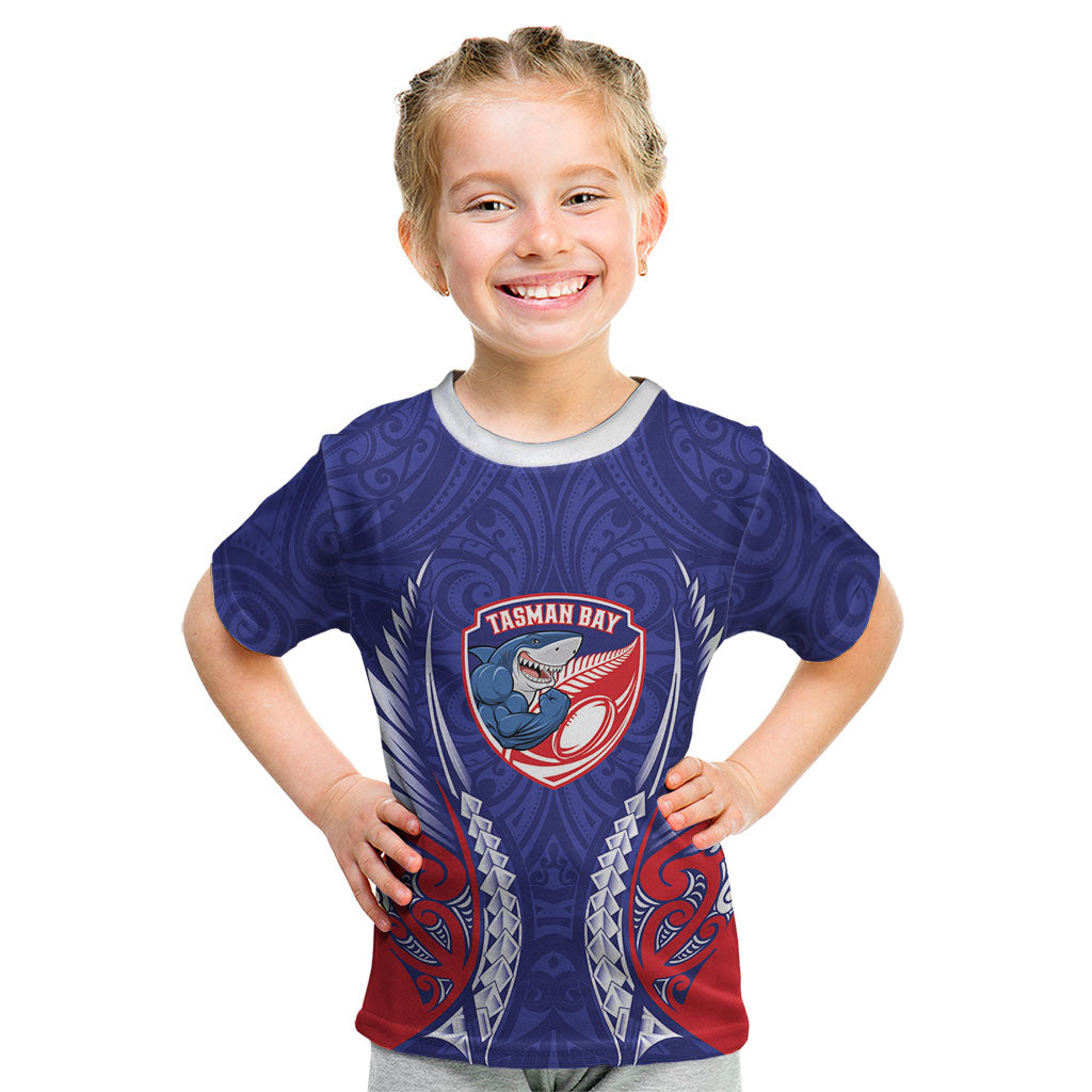 Tasman Bay 2026 Rugby Custom Kid T Shirt NZ Maori Silver Fern LT14 Blue - Polynesian Pride